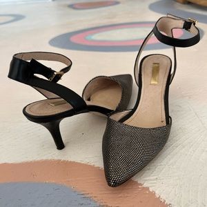 Black and metallic kitten heels